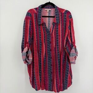 Woman Within Womens 2X Button Down Shirt Red Blue Boho Floral Roll Tab Sleeve
